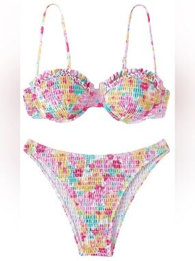 Floerns  Light Pink Floral Frill Trim High Cut 2 Piece Bikini Swimsuit Women's M